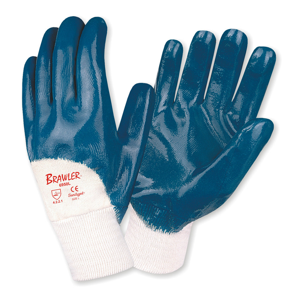 BRAWLER™ Supported Nitrile Gloves, Palm Coated, Jersey Lined, Knit Wrist, Sanitized®