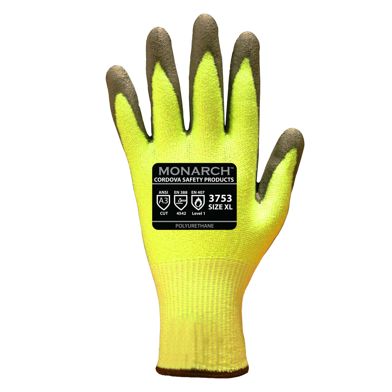 Cordova Monarch™ PU™ HI-VIS Green TAEKI5® Gloves, 13-Gauge, Polyurethane Coating, Cut Level 3 (Pair)