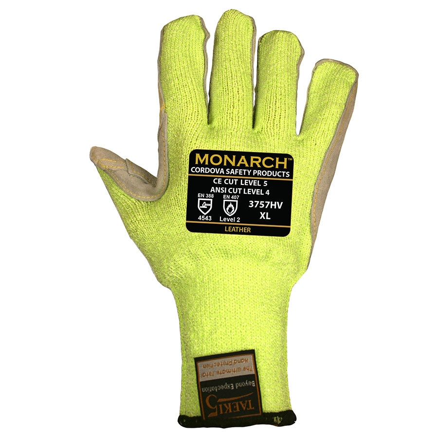 Cordova Monarch LEATHER™ Hi-Vis Green TAEKI5® Gloves, 10-Gauge, Leather Palm, Cut Level 5 (Pair)