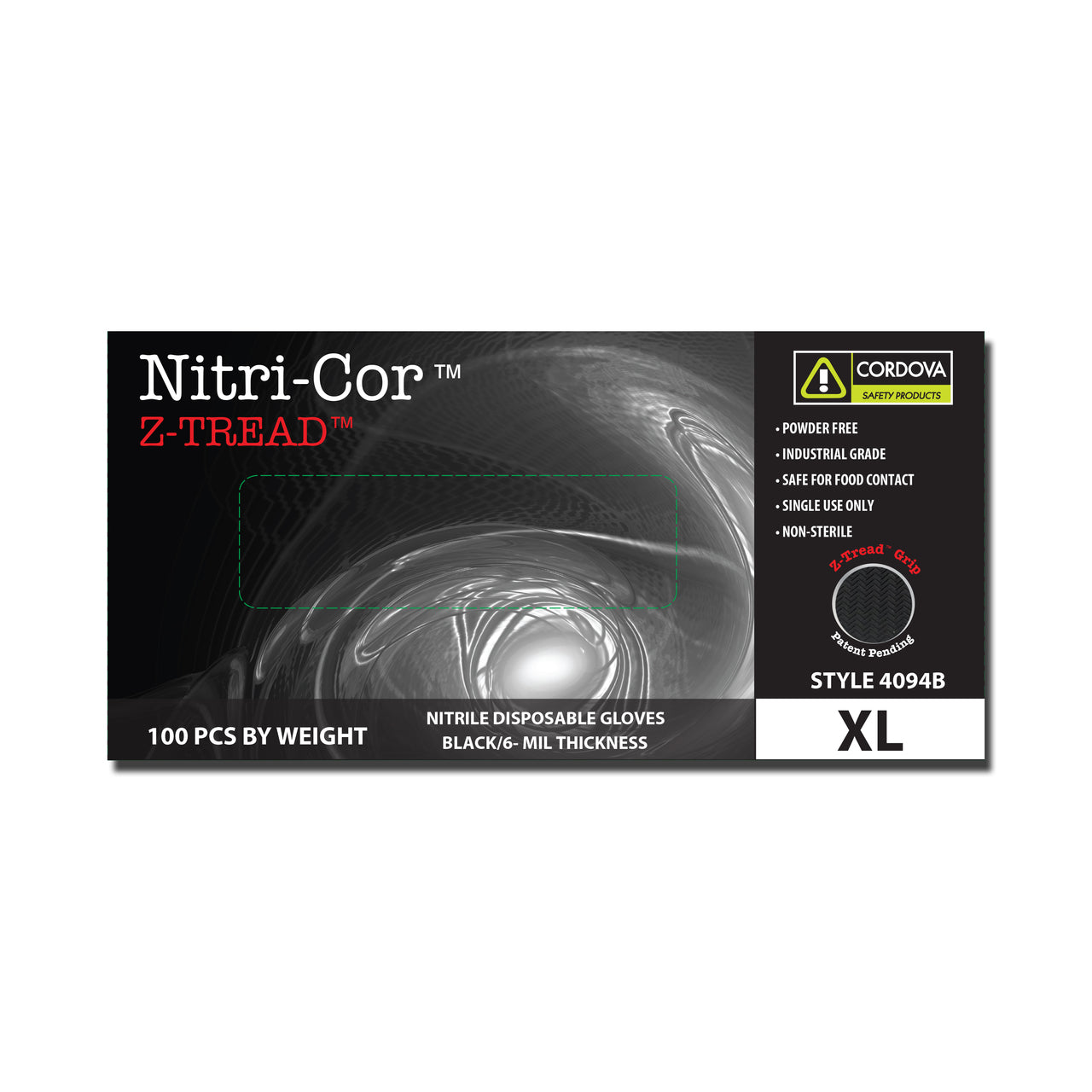 Cordova NITRI-COR Z-TREAD™ Industrial Grade Nitrile Gloves, 6-MIL, Powder Free, Z-Tread Grip, Black (Case of 1,000)