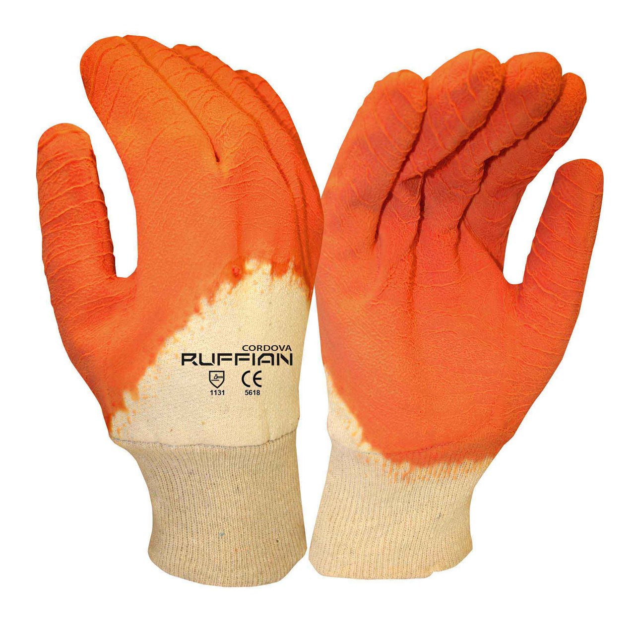 RUFFIAN Premium Latex Coated Gloves, Jersey Lined, Orange Crinkle Finish (10 Dozen)