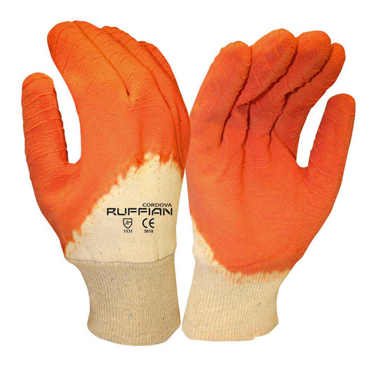 RUFFIAN Premium Latex Coated Gloves, Jersey Lined, Orange Crinkle Finish (10 Dozen)