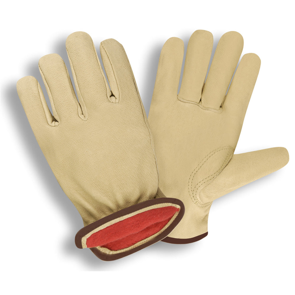 Cordova Standard Pigskin Leather Drivers Gloves, White Fleece Lined, Elastic Back, Keystone Thumb (Dozen)