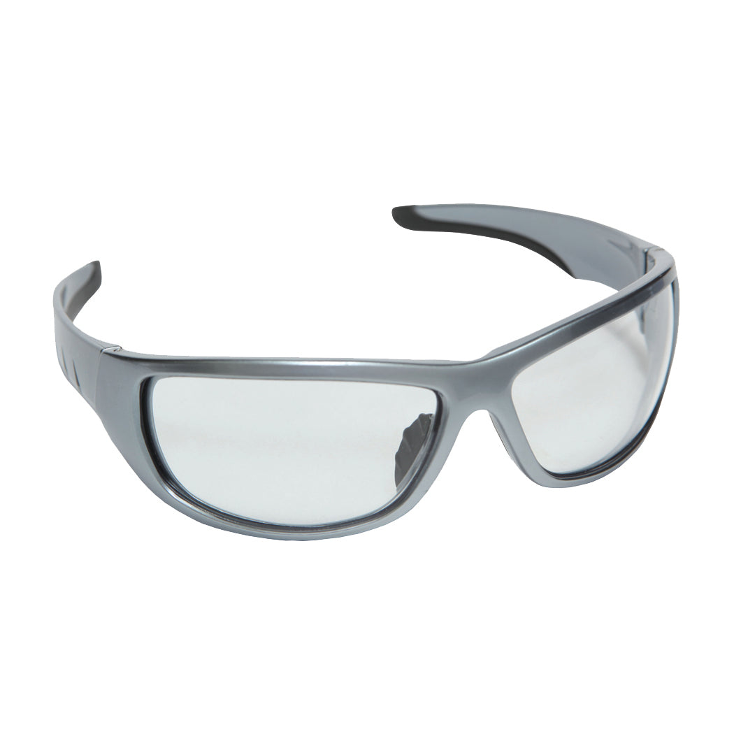 AGGRESSOR Safety Glasses, E03S10, Silver Frame with Clear Lens, TPR Nose & Temples (Dozen)