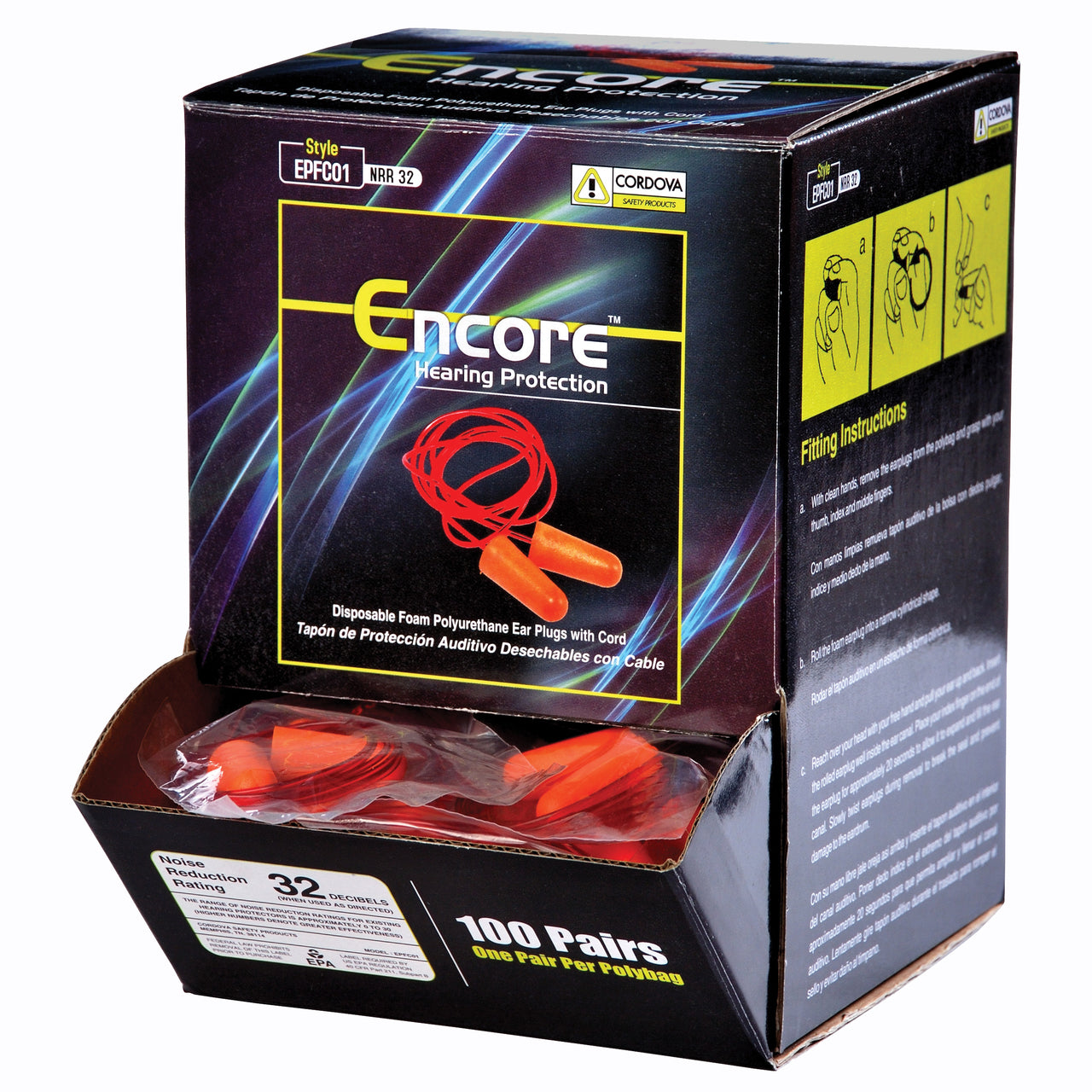 Cordova ENCORE™ Foam PU Ear Plugs, Corded, NRR 32 DB (Box of 100)