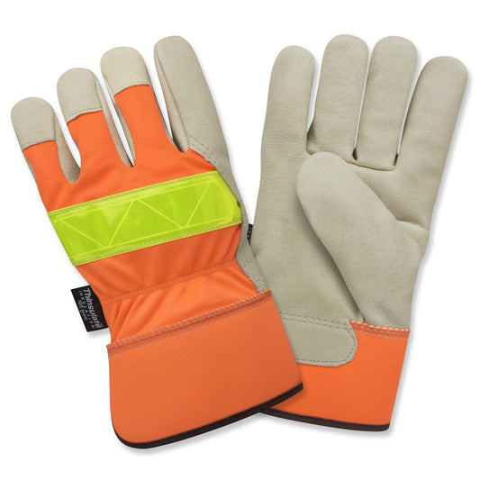 Cordova Premium Pigskin Leather Gloves, Hi-Vis Orange, Thinsulate® Lined, Lime Reflective Tape, Rubberized Safety Cuff (Dozen)