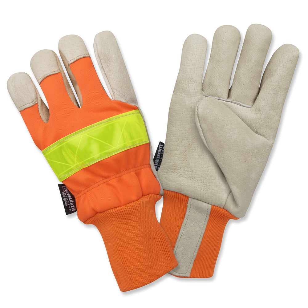 Cordova Premium Pigskin Leather Gloves, Hi-Vis Orange, Thinsulate® Lined, Lime Reflective Tape, Extended Knit Wrist (Dozen)