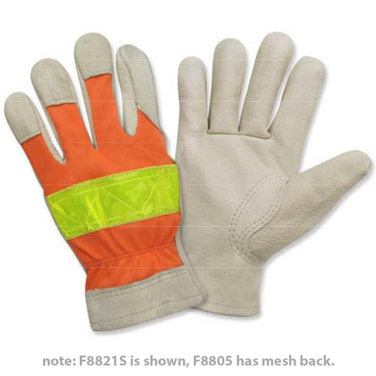 Cordova Grain Pigskin Leather Gloves, Hi-Vis Orange, Lime Reflective Tape, Keystone Thumb (Dozen)