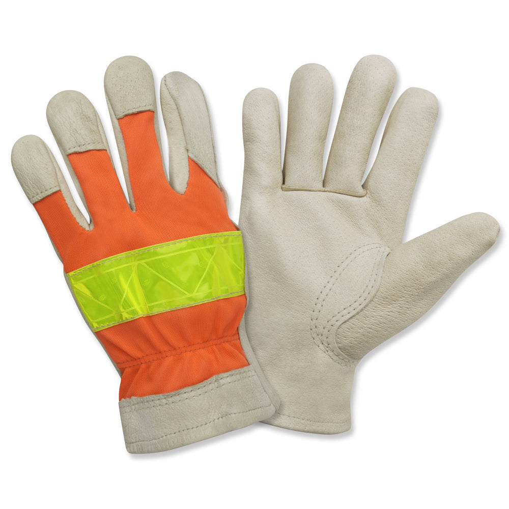 Cordova Premium Pigskin Leather Gloves, Hi-Vis Orange, Lime Reflective Tape, Keystone Thumb (Dozen)